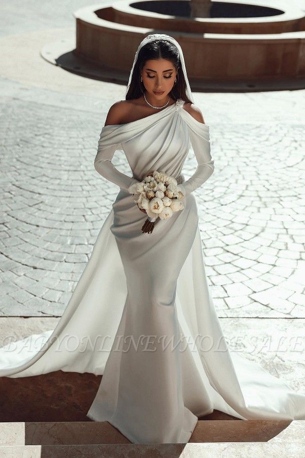 Floor Length Long Sleeves Satin Wedding Dress with Ruffles