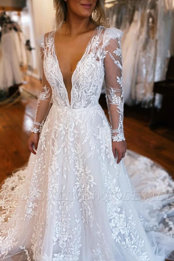 Wunderschönes Brautkleid in A-Linie mit V-Ausschnitt, langen Ärmeln und Rüschen