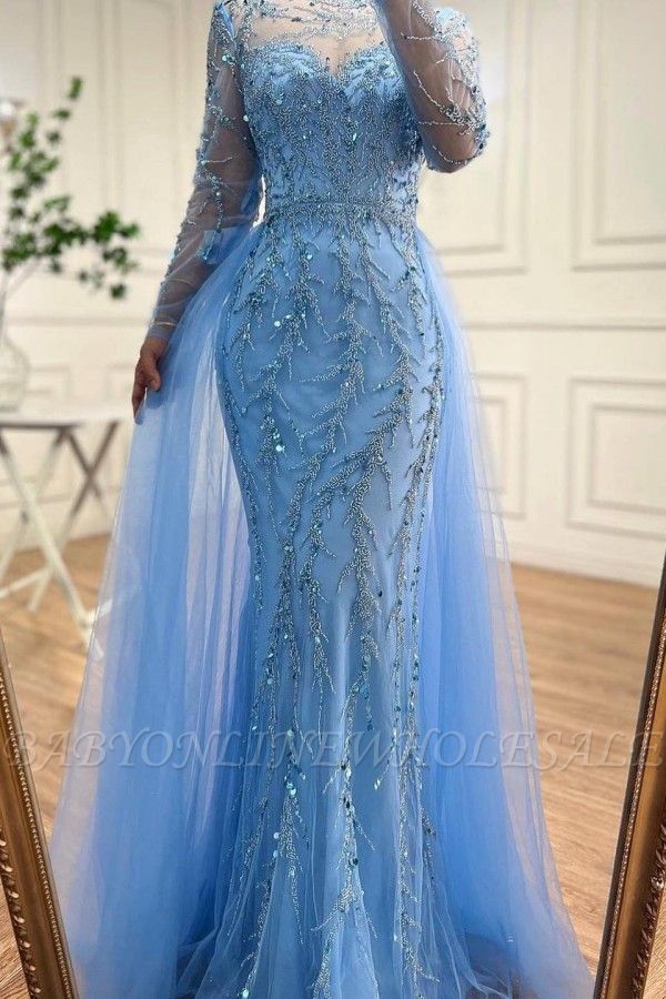 Skyblue Jewel Long Sleeves Floor Length Prom Party Dress
