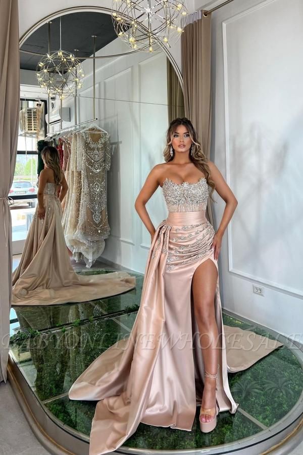 Pink Sweetheart silver beaded high split prom dress