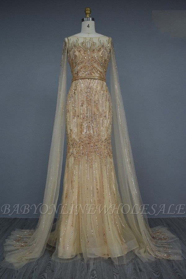Gold square neck mermaid prom dress with tulle cape