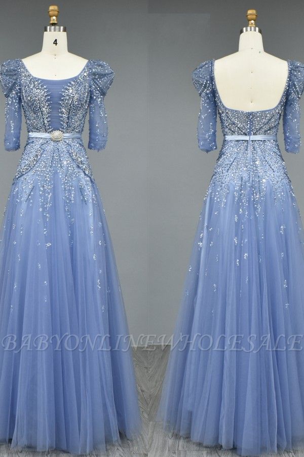 Boat neck low back long sleeves blue beaded Evening Dress