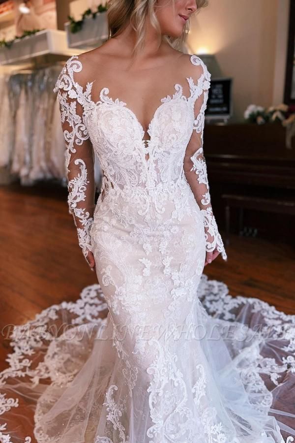 Long sleeves mermaid wedding dress with overskirt | Babyonlinewholesale