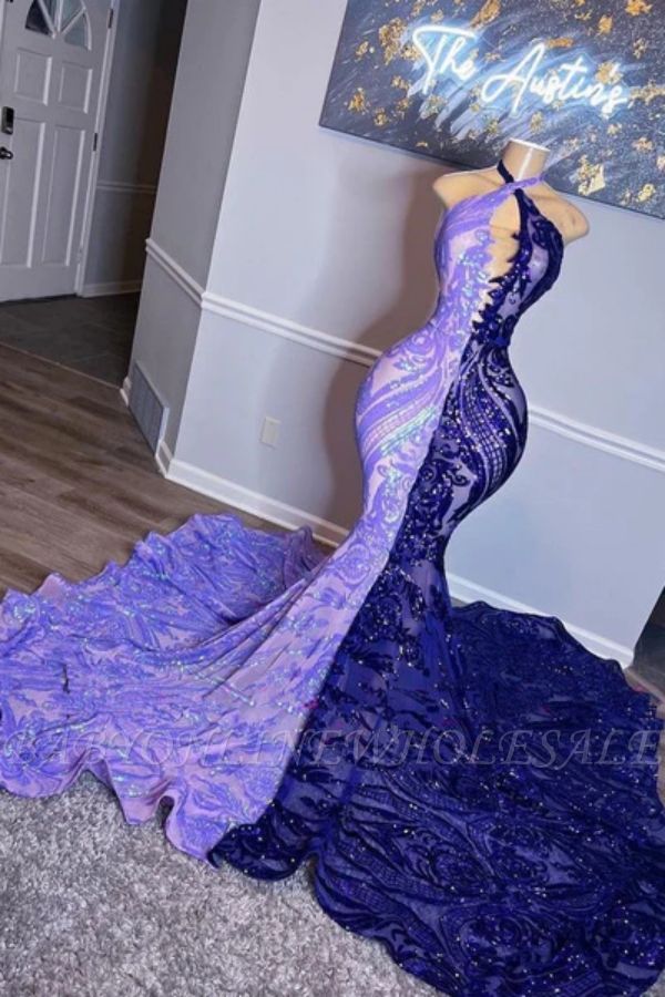 Сексуальное двухцветное длинное платье с лямкой на шее и выпускным платьем русалки