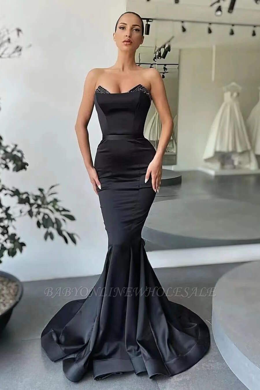 Black Strapless Mermaid Satin Prom Dresses