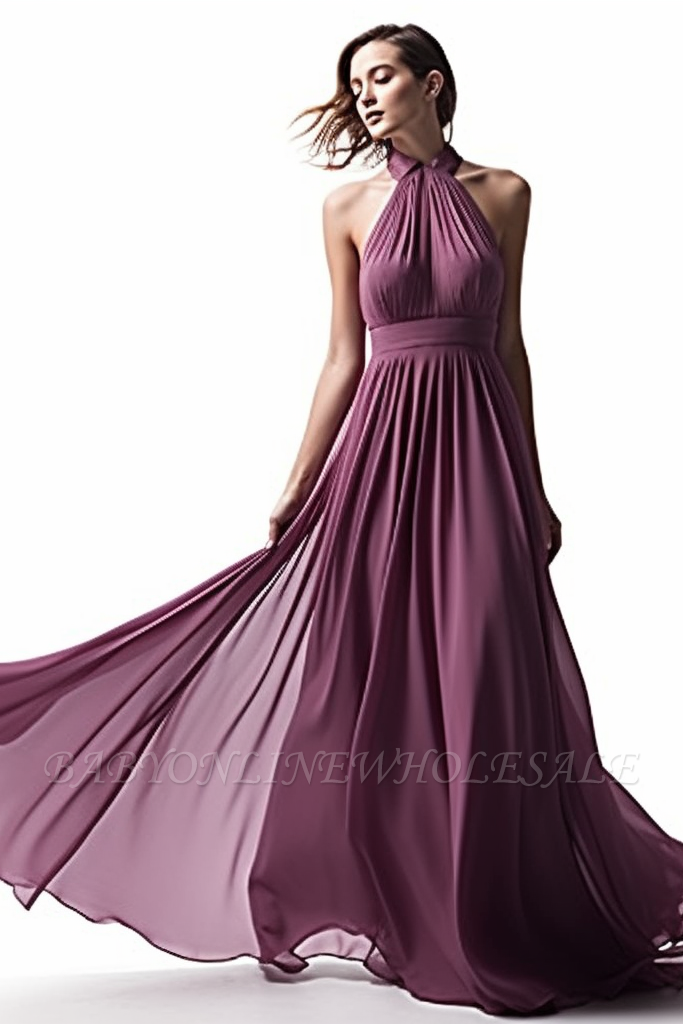 Halter Chiffon Purple Pleats A-line Evening Dresses