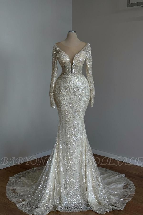 Long sleeves Ivory Mermaid Court Train Lace Wedding Dresses ...