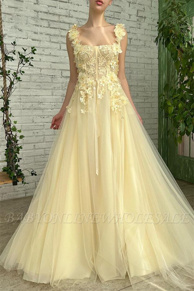Square neck Yellow Tulle Long Prom Dresses with Lace Appliques
