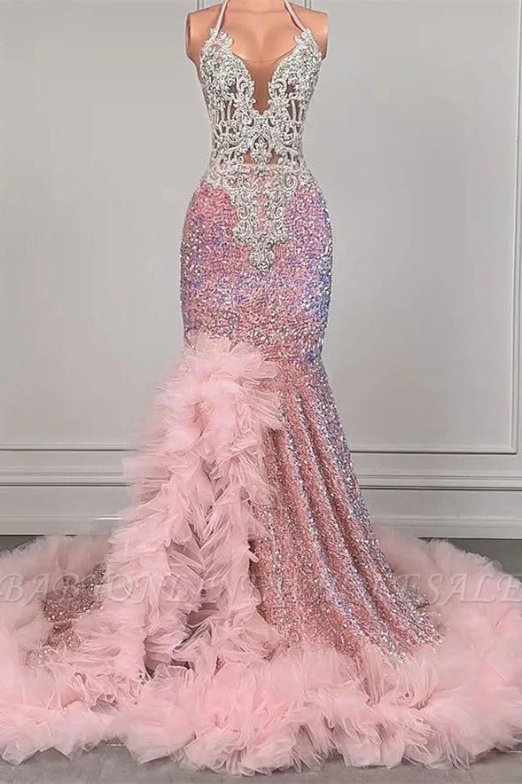 Pink Mermaid Sequin Ruffles Split Prom Dresses