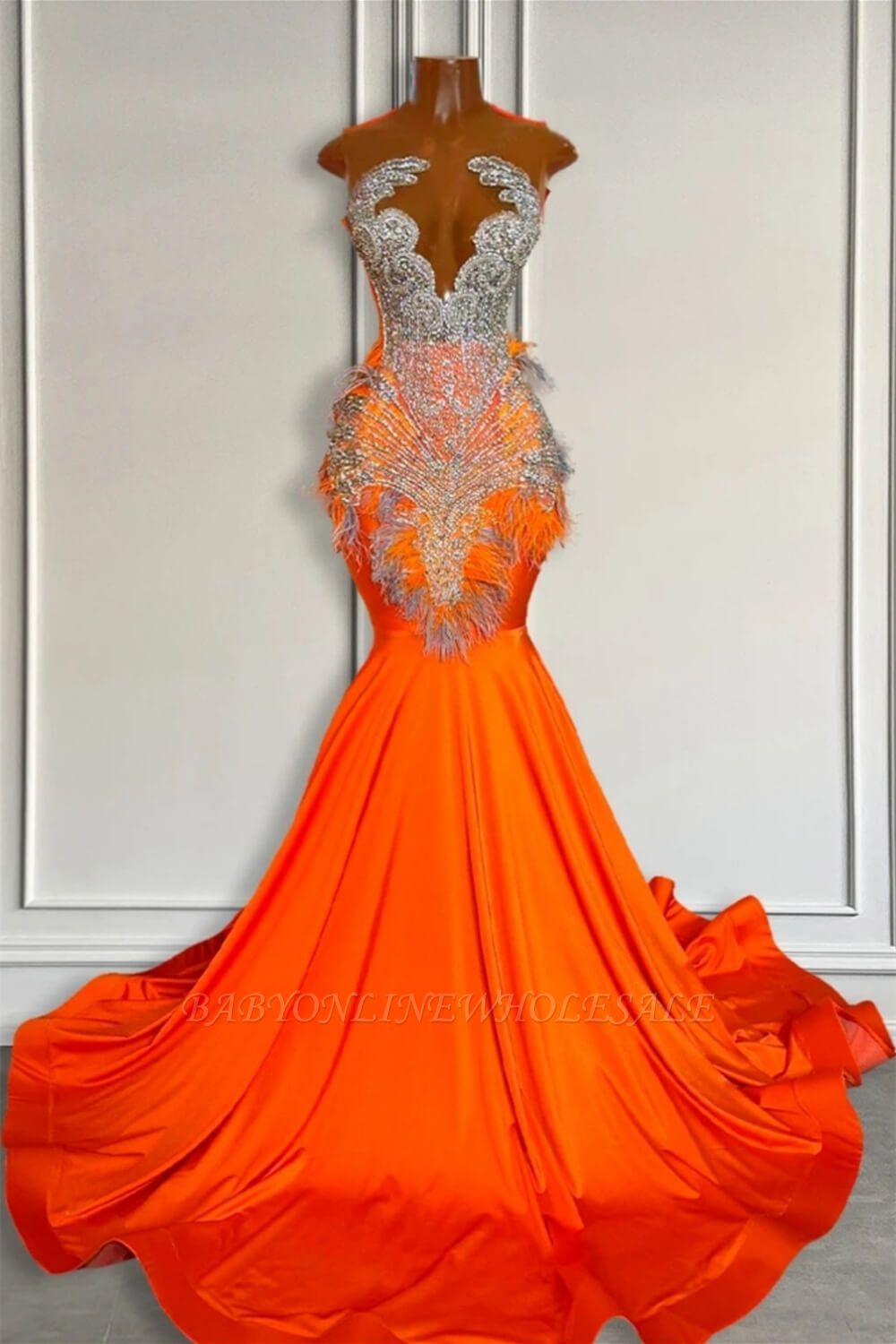 Orange Keyhole Mermaid Satin Silver Beaded Prom Dresses