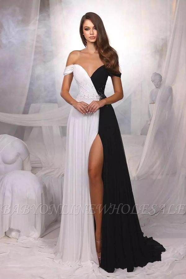 Sexy V-Neck Off-The-Shoulder Floor-Length A-Line Chiffon Prom Dresses with Slit