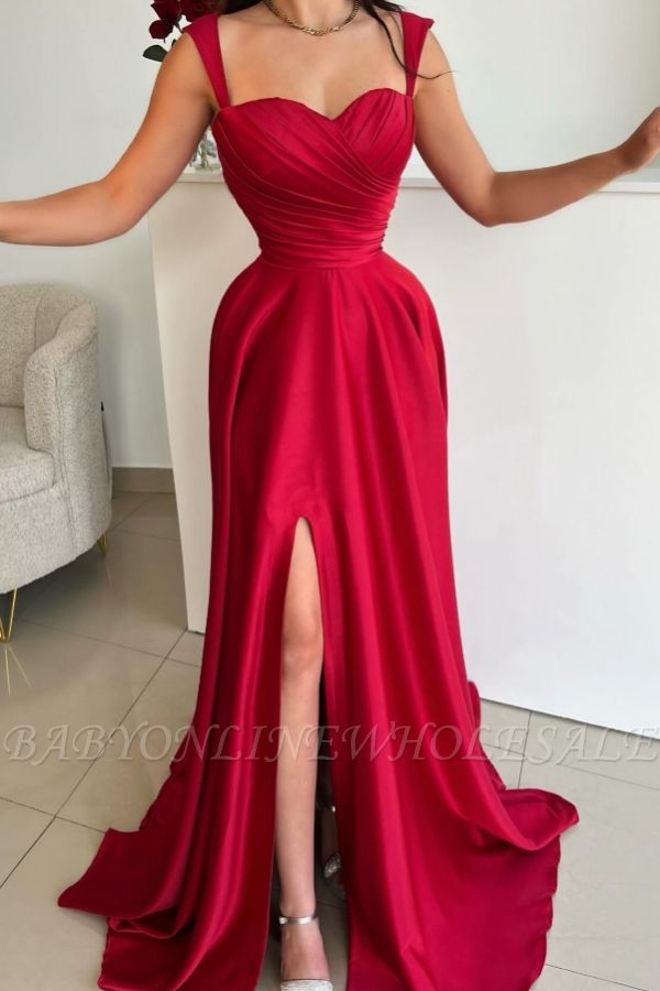 Sweetheart Red High Split Satin Prom Dresses