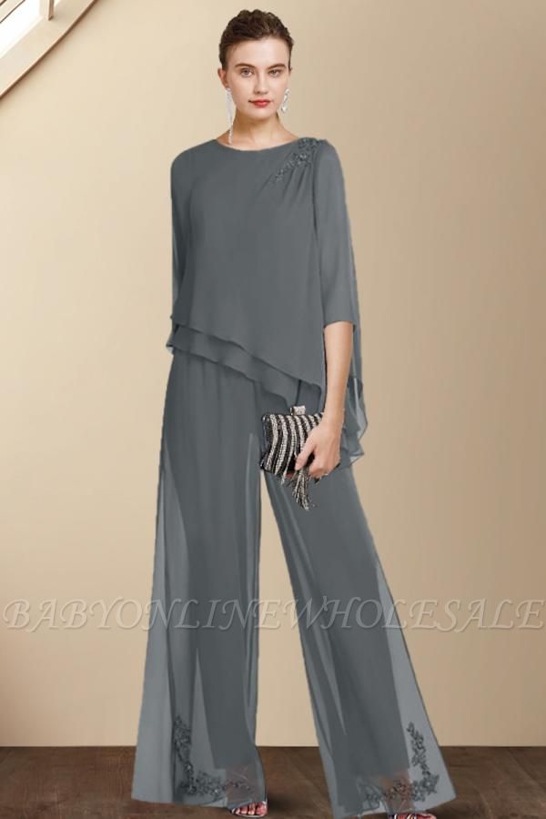 Elegant Jewel Neck Floor Length Chiffon 3/4 Length Sleeves Jumpsuit with Appliques