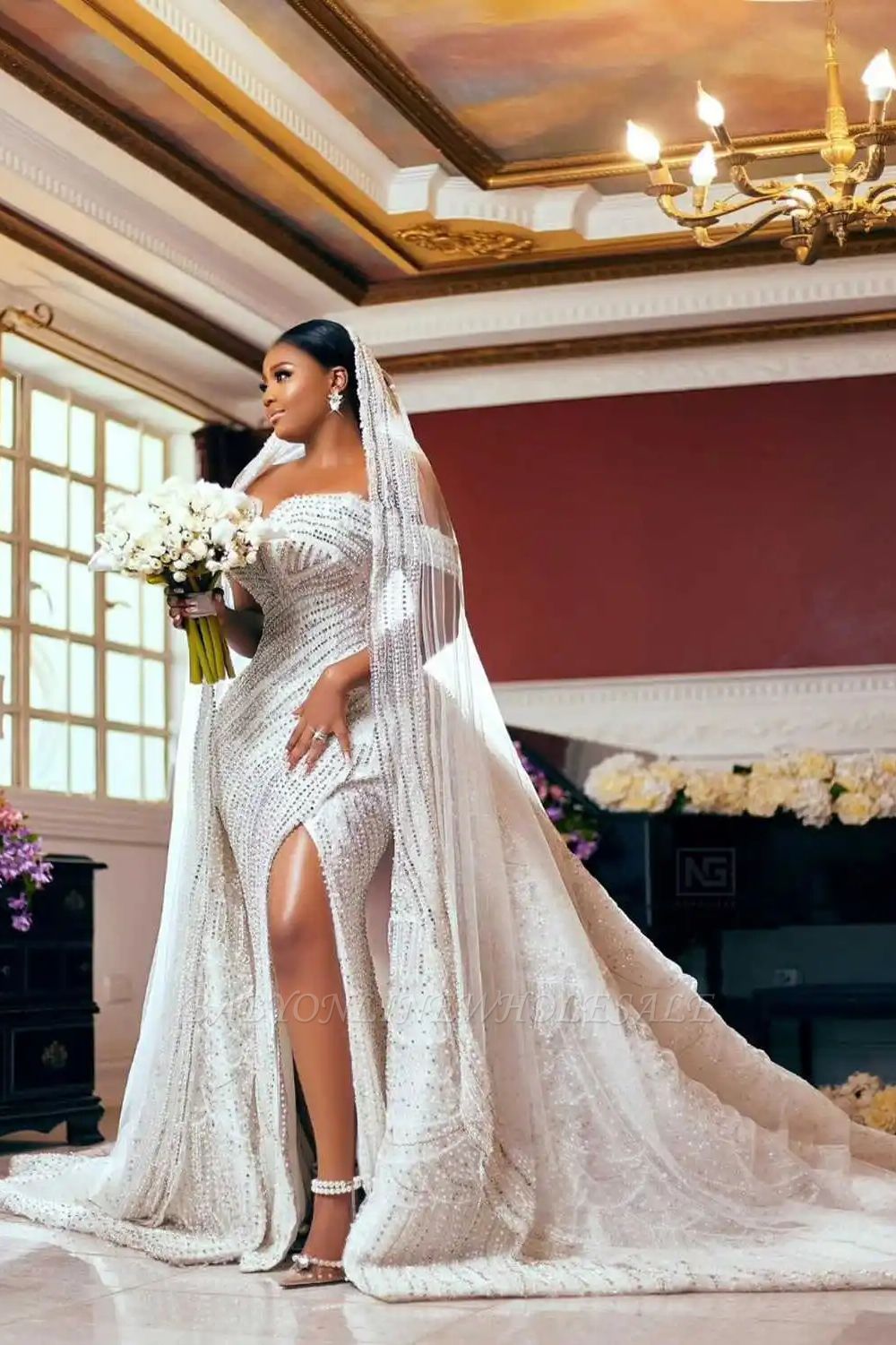 Beautiful Off-The-Shoulder Sequined Mermaid Wedding Dresses with slit