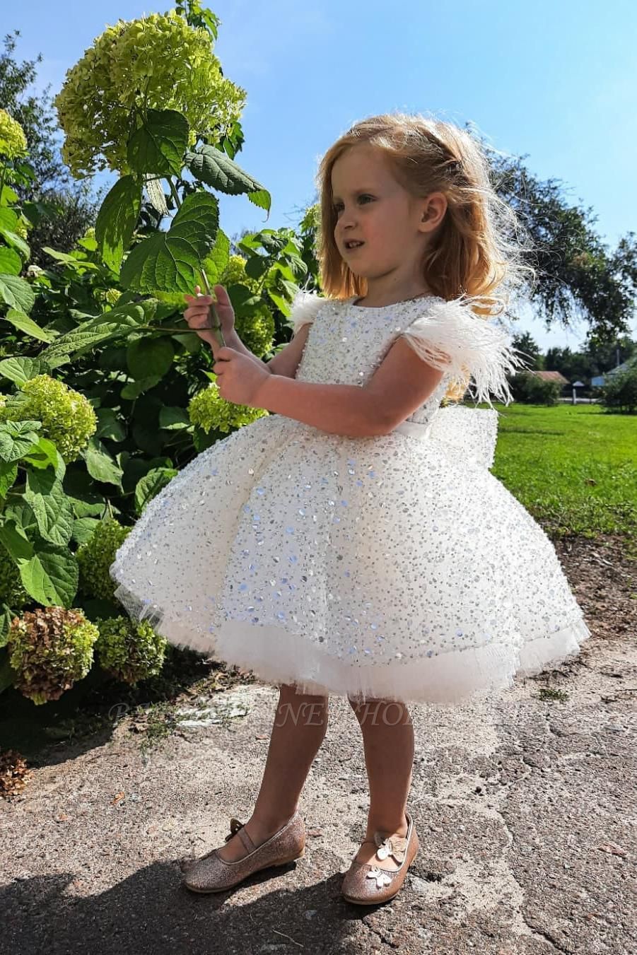 Glitter sequins Feather Short Flower Girl Dress with Bow