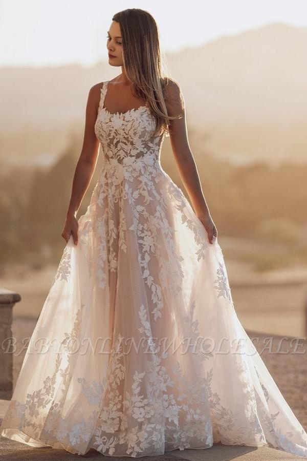 Straps quare neck Lace Square neck Lace Wedding Dresses