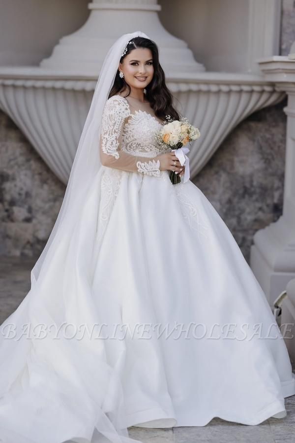 Long sleeves Lace Ball Gown White White Puffy Wedding Dresses