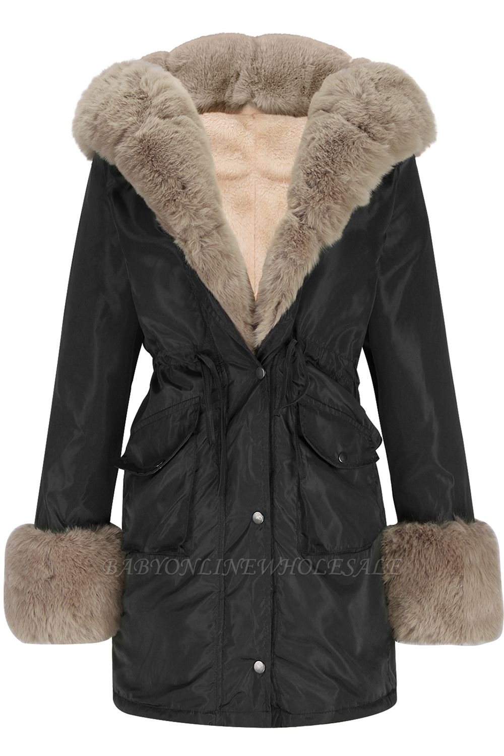 Graue Kunstpelz Langarm Hoddies Schwarze Tasche Winterjacke Online