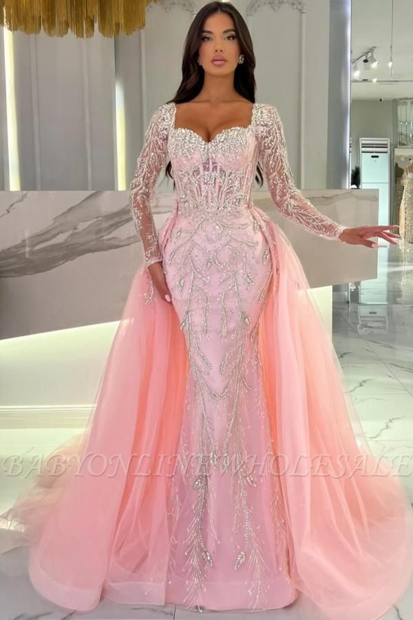 Robe de bal sirène rose blush à manches longues et jupe surjupe