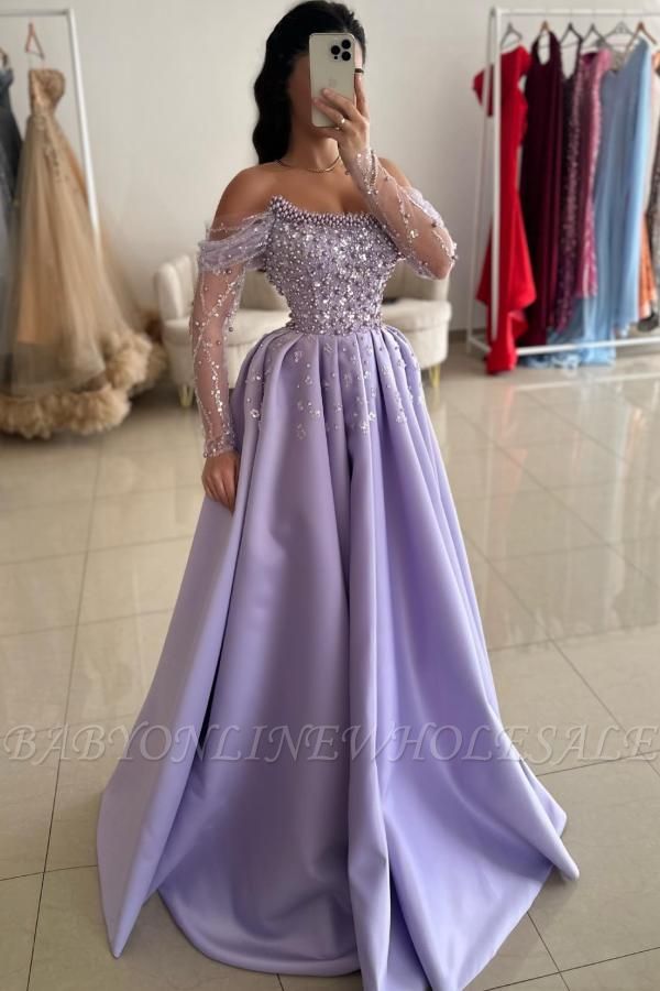 Lilac Off the shoulder Satin Princess Floor length Prom Dresses