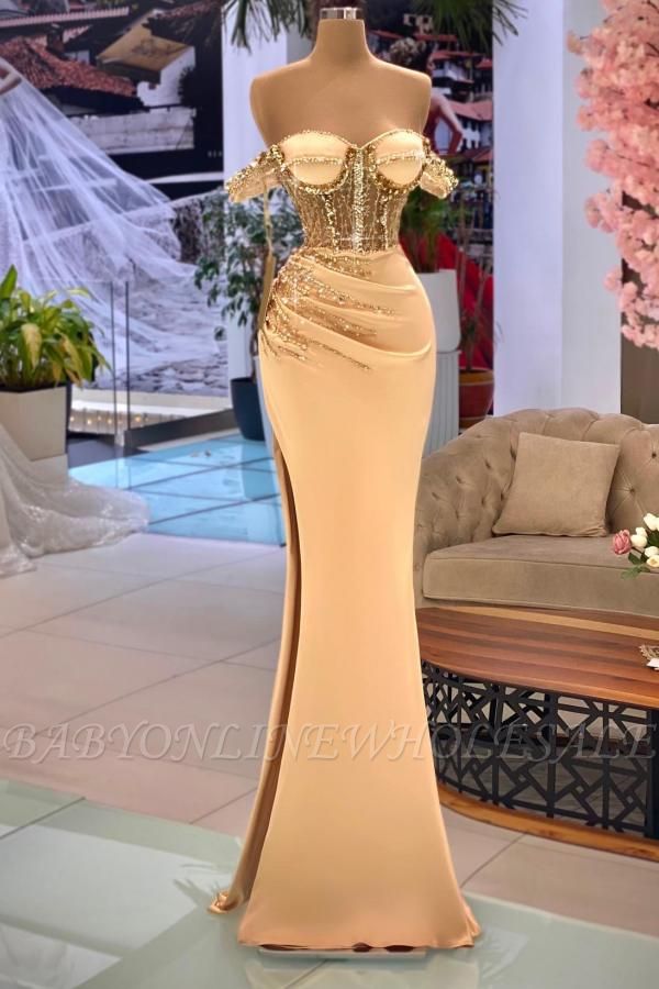 Off the shoulder Gold Sweetheart Mermaid Floor length Prom Dresses