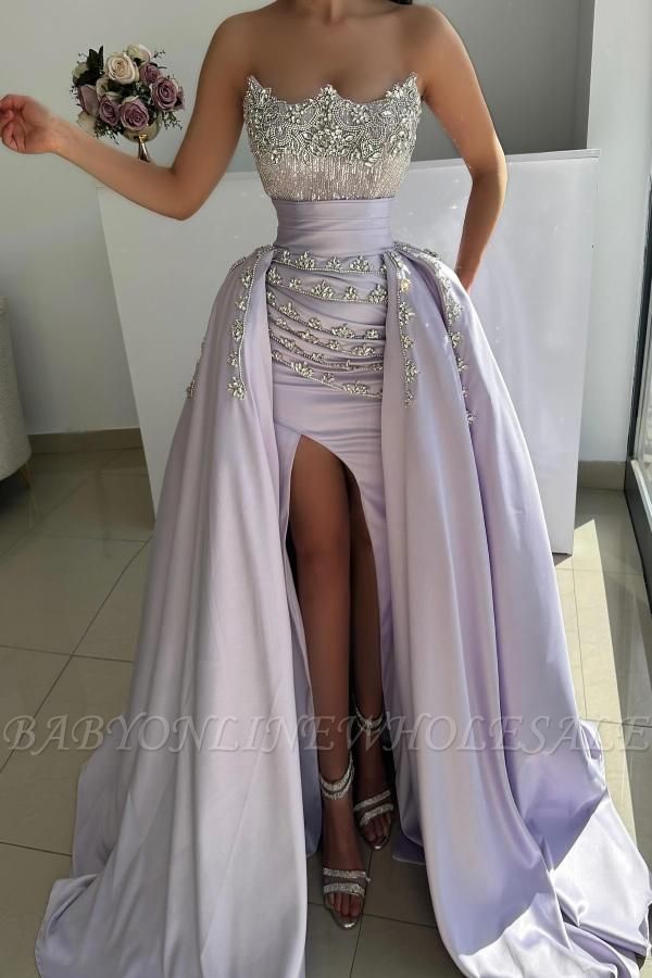 Vestidos de fiesta de sirena con abertura frontal, detalles de cristales y fruncido sin tirantes