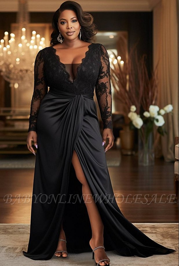 Vestidos de baile com decote em V, apliques de renda, manga comprida, linha A, com fenda