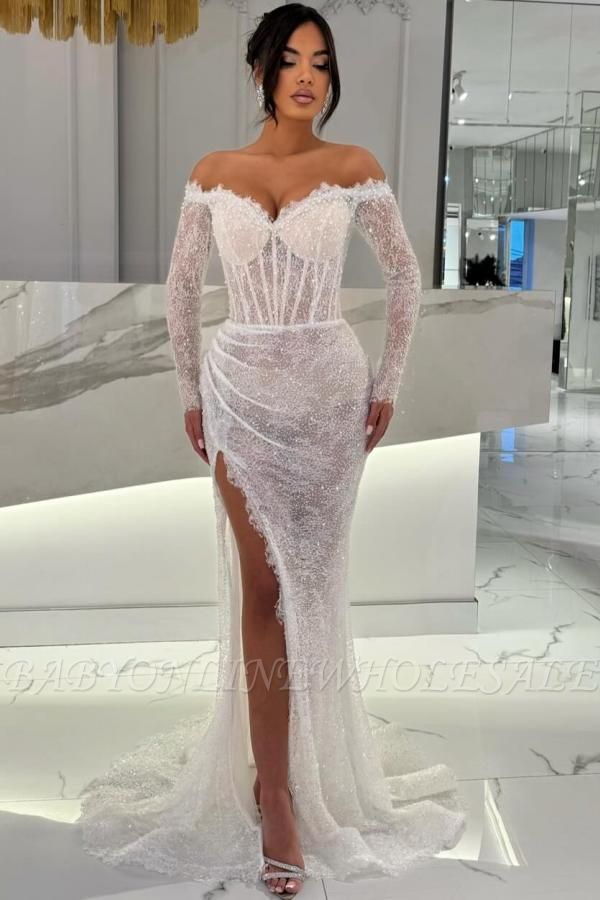Off-the-shoulder Sequins Long Sleeve Mermaid Prom Dresses with Slit