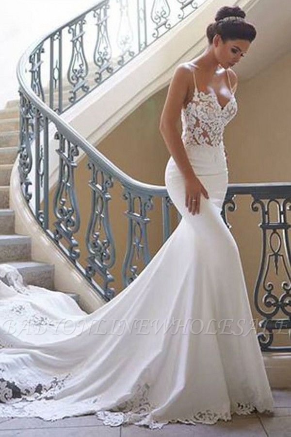 Сексуальное свадебное платье с бретельками спагетти | Русалка шифоновое кружевное свадебное платье