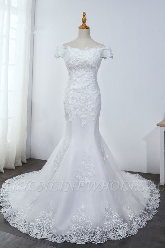 Charming Mermaid Off the Shoulder Floor length Tulle Wedding Dress with ...