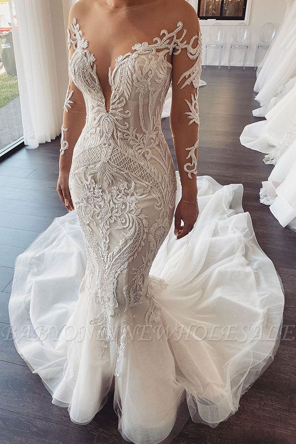 Длинные рукава V-образным вырезом Кружева Русалка белые свадебные платья онлайн
