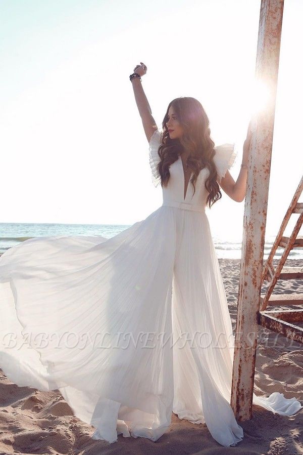 White Chiffon Ruffles Sleeves V-neck Summer Beach Wedding Dress