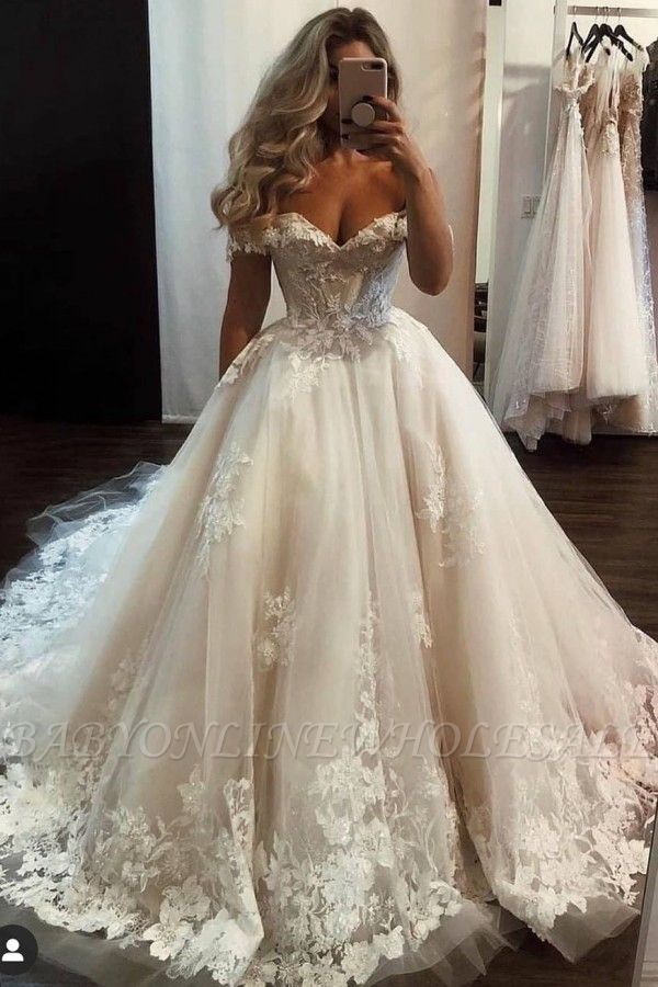 Великолепное тюлевое кружевное свадебное платье с открытыми плечами, свадебное платье принцессы Алин с аппликациями