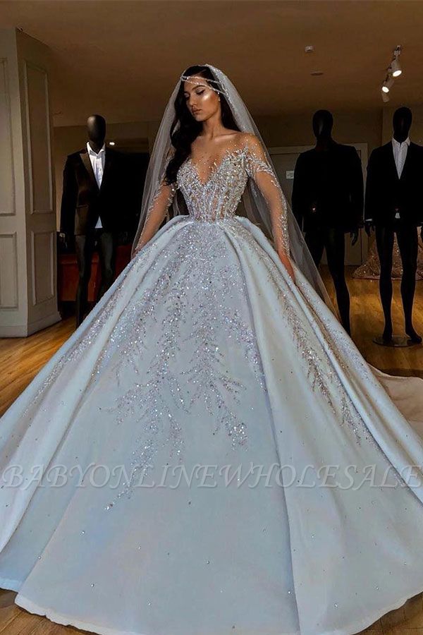 Sparkle Diamond Long sleeves Luxury Ball gown Wedding Dresses
