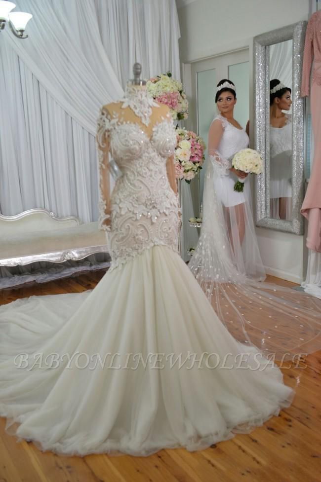 High Neck Beads Appliques Mermaid Wedding Dresses | Sheer Tulle Long Sleeve Bridal Gowns