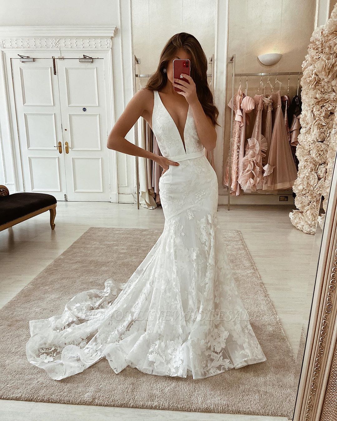 Unique Sleeveless Deep V-neck Lace Long Wedding Dresses