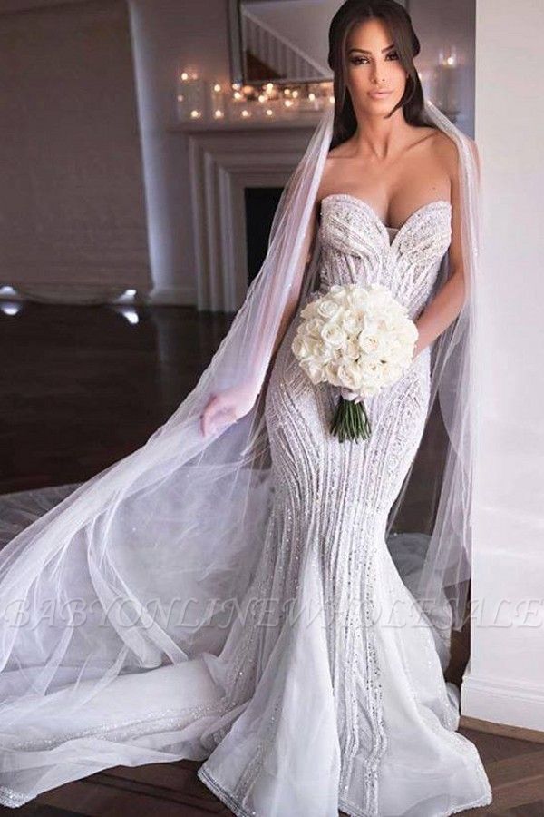Без бретелек возлюбленной бисером русалка свадебные платья | Аппликации Тюль Свадебные Платья