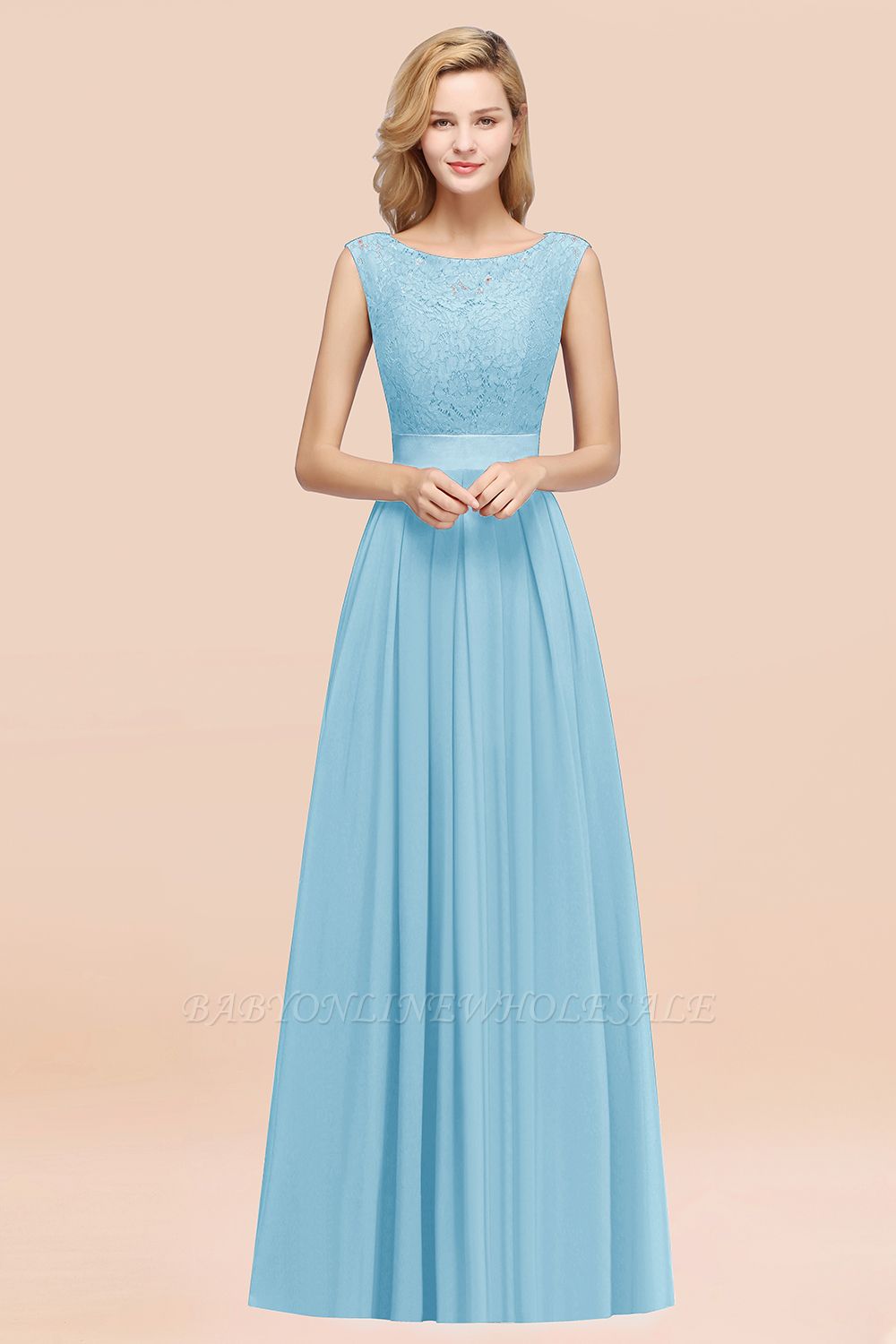 Sky blue cap sleeves lace bridesmaid dress with belt