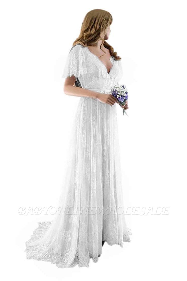 Unique Lace Half Sleeves Boho Wedding Dress | Chic Summer Beach Bridal Gowns