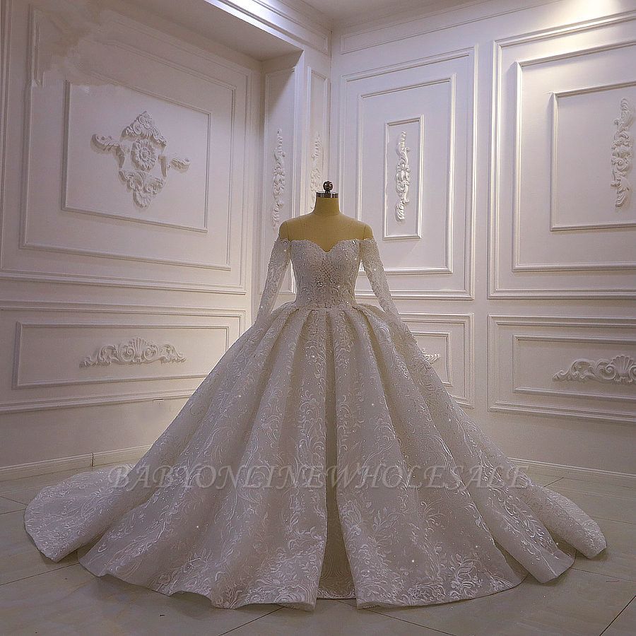 Luxury Ball Gown Long Sleeves 3D Lace Sweetheart Long Wedding Dresses ...