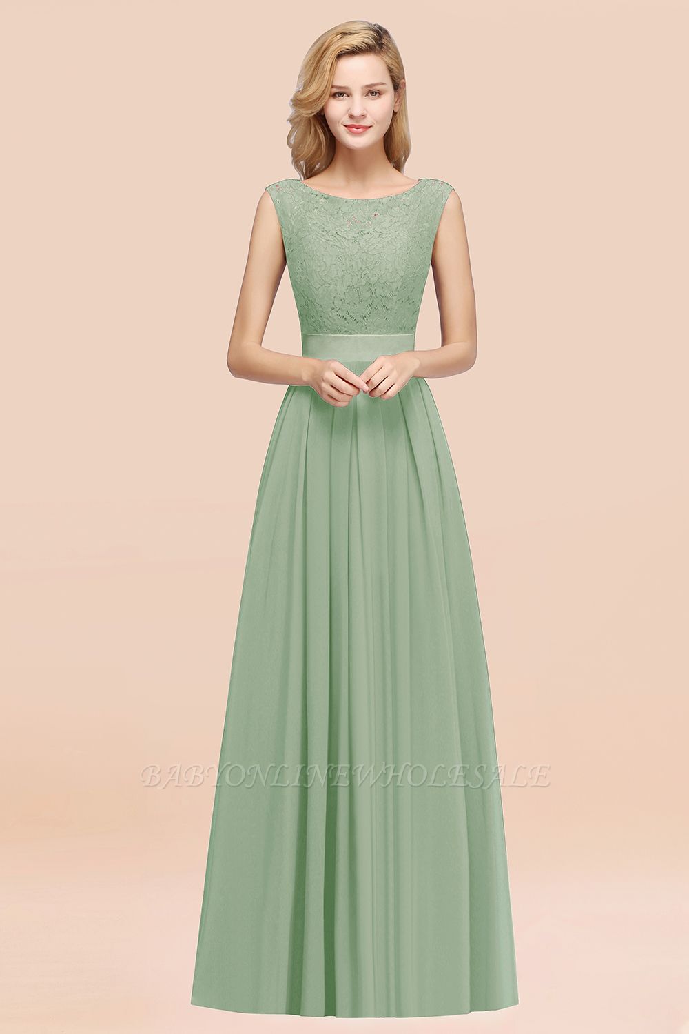A-line Chiffon Lace Jewel Sleeveless Ruffles Floor-length Bridesmaid Dress