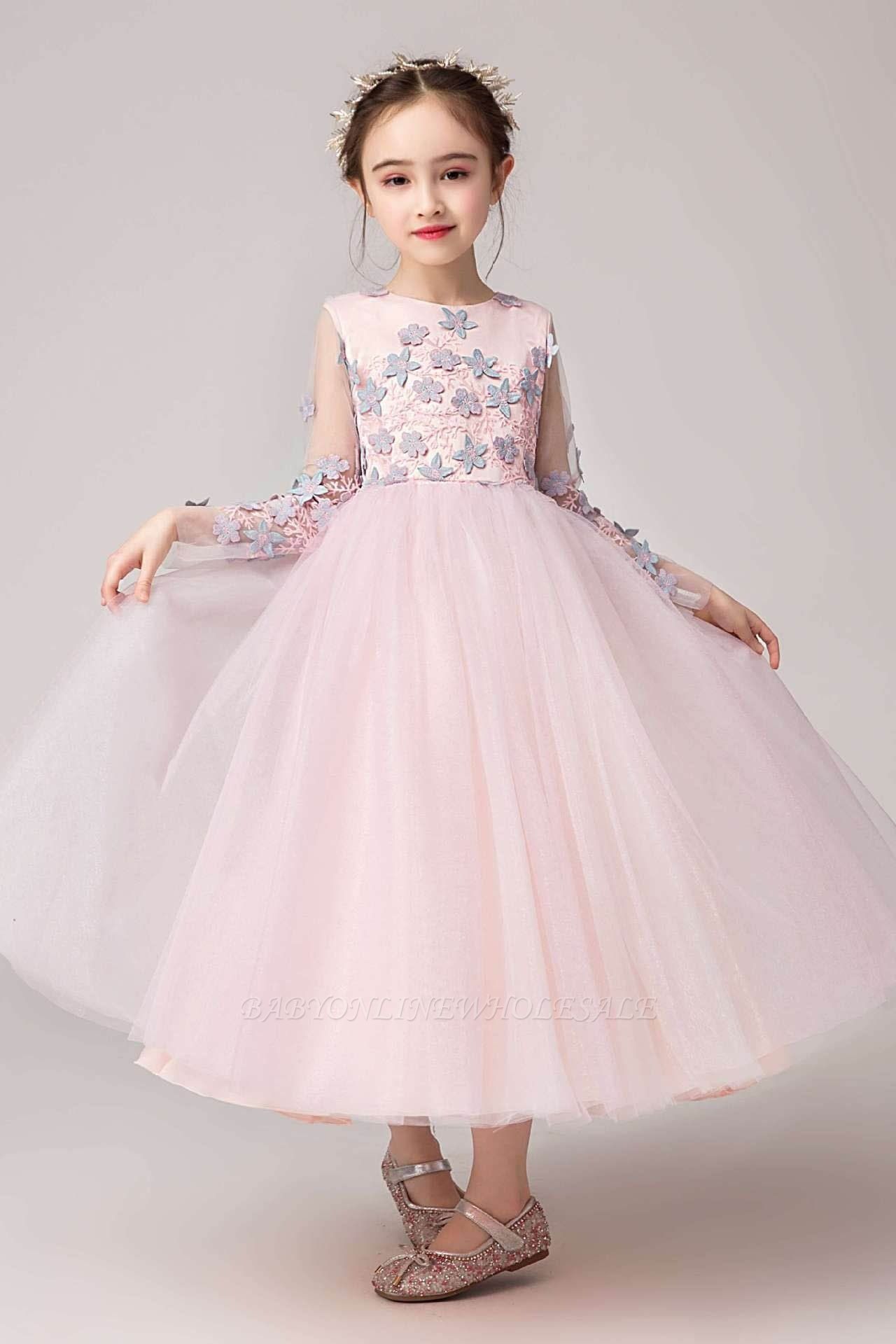 Pink Tulle Kids Birthday Party Dress Long Sleeves with Floral Pattern Pegant Dress for Girls