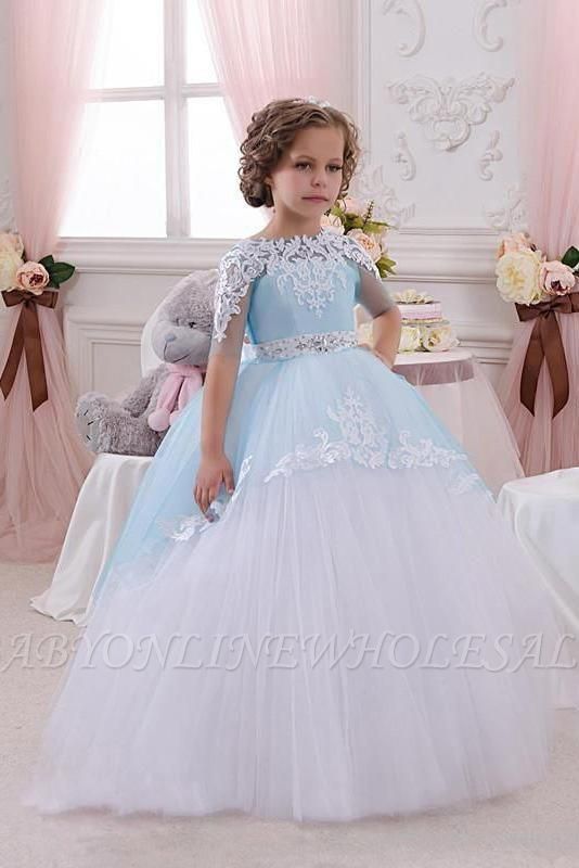Halbarm Prinzessin Tüll Pegant Kleid für Kinder mit weißen Spitzenapplikationen
