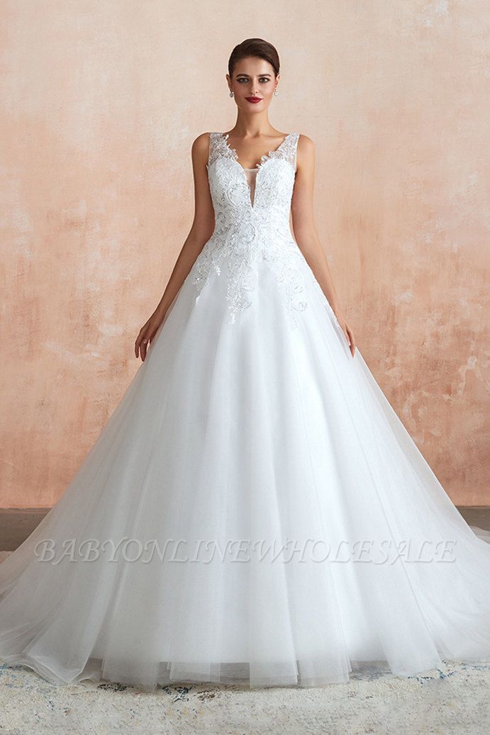 Carly | Sexy Pluging V-neck Ball Gown Wedding Dress with Chapel Train, Affordable Bridal Gowns with see-through Lace Back