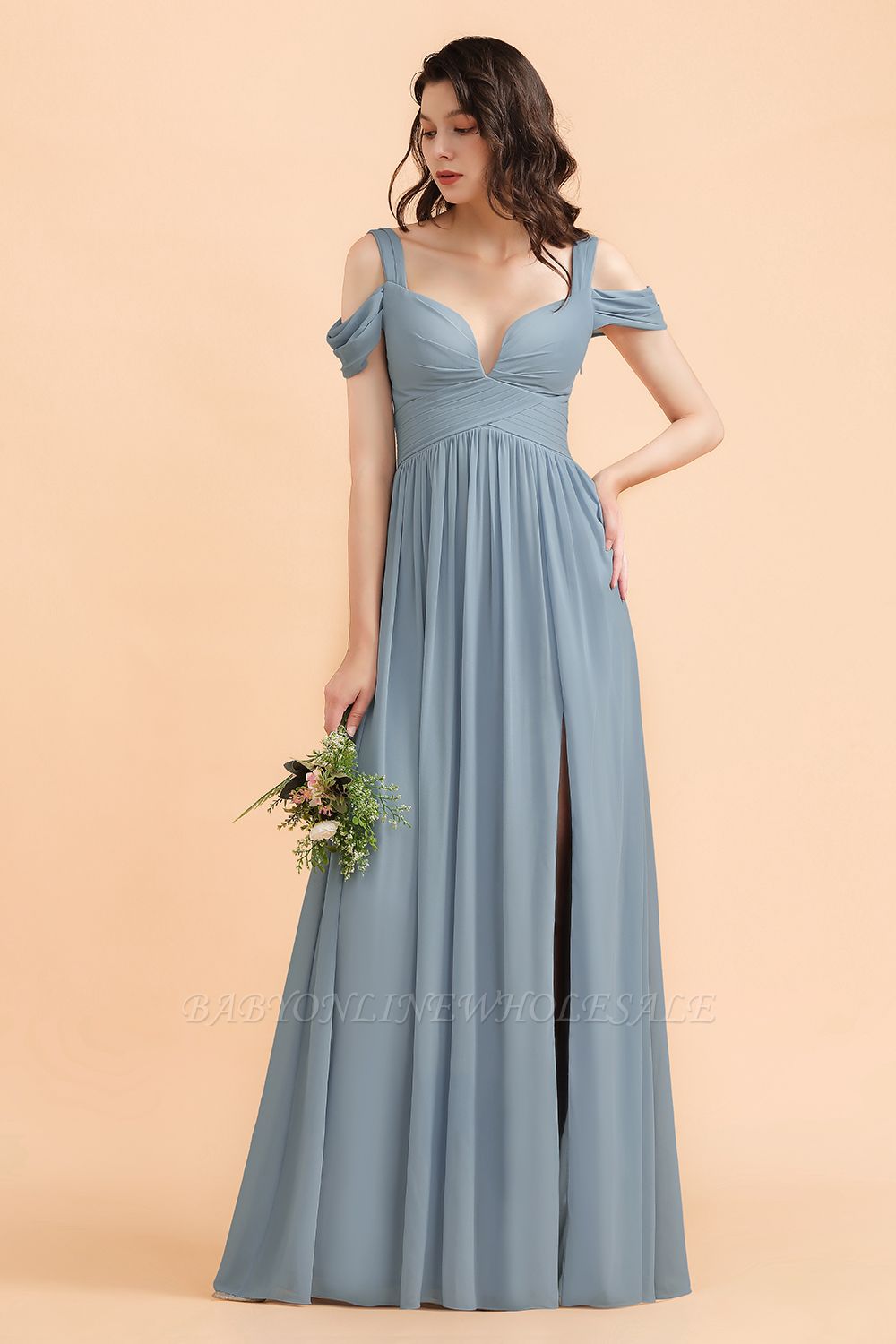 Grey Blue Off Shoulder Chiffon Bridesmaid Dress with Side Slit Straps Wedding Party Dress