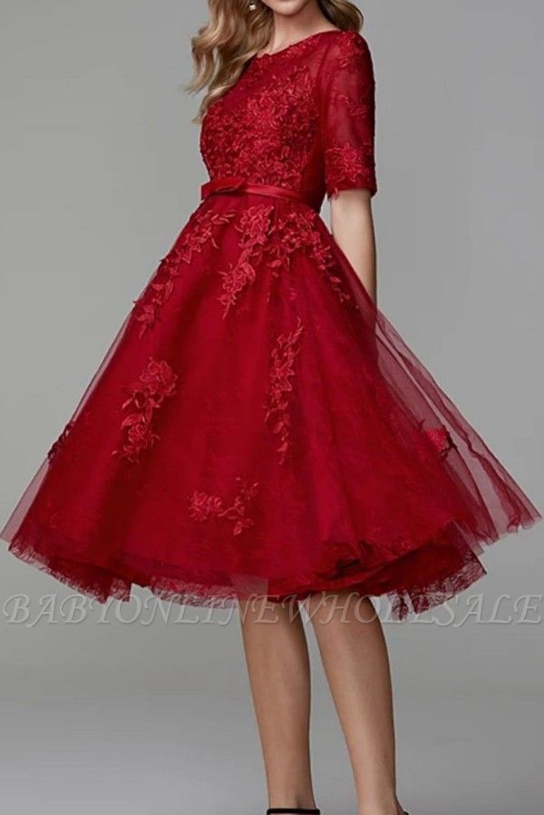 Темно-красное кружевное вечернее платье с половинными рукавами из тюля Короткое повседневное платье