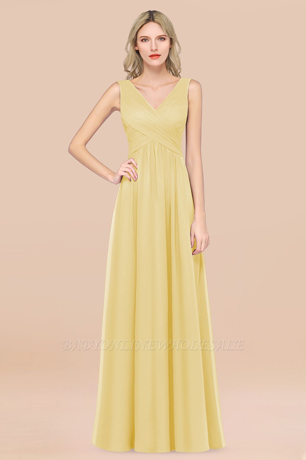 Chiffon A-Line Straps V-Neck Sleeveless Long Bridesmaid Dress with Ruffles