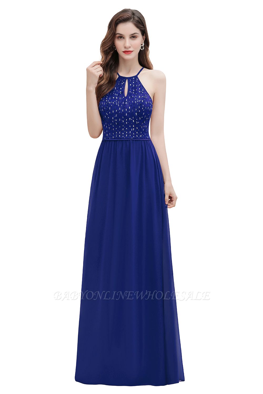 Halter Sequins A-line Evening Dress Chiffon Elegant Party Maxi Dress