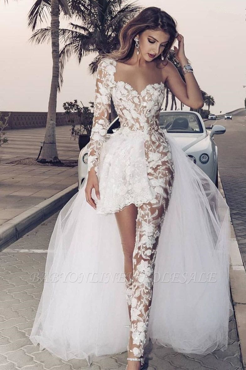 Elegante mono de encaje asimétrico sobrefalda transparente vestido de novia blanco