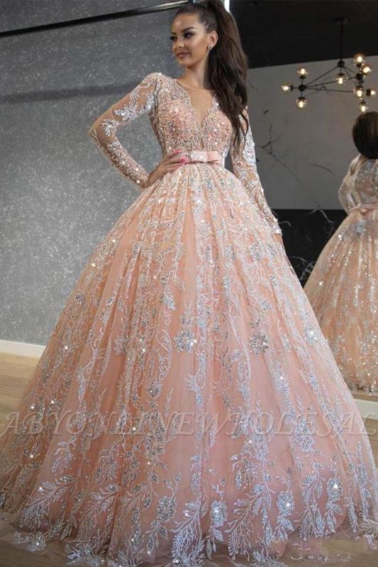 Принцесса Розовое свадебное платье трапециевидной формы с длинными рукавами и высокой талией с кружевным поясом